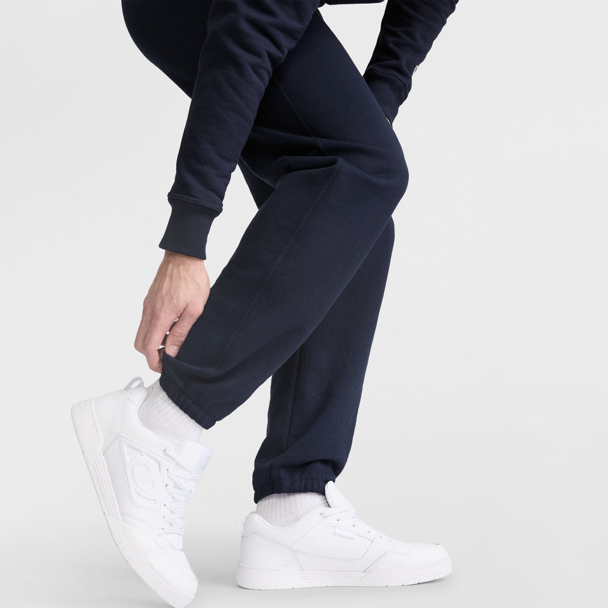 Champion Powerblend Sweatpants, Relaxed Hem, C Logo in Navy
