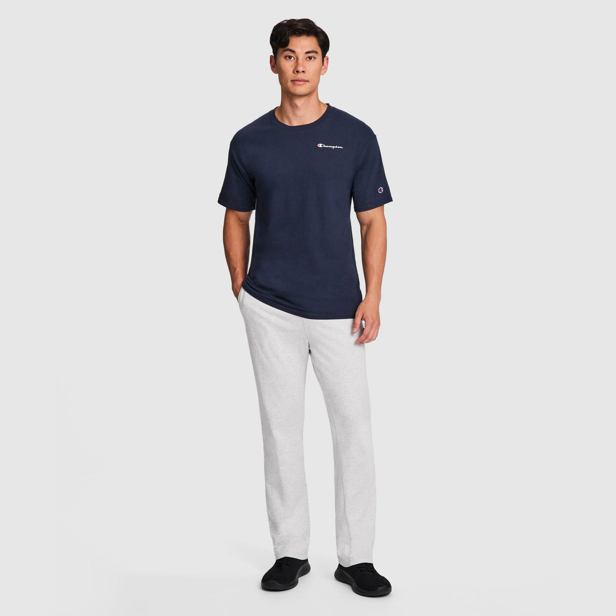 Champion Lightweight Lounge Pants, Open Hem, C Logo in Platinum Silver Heather