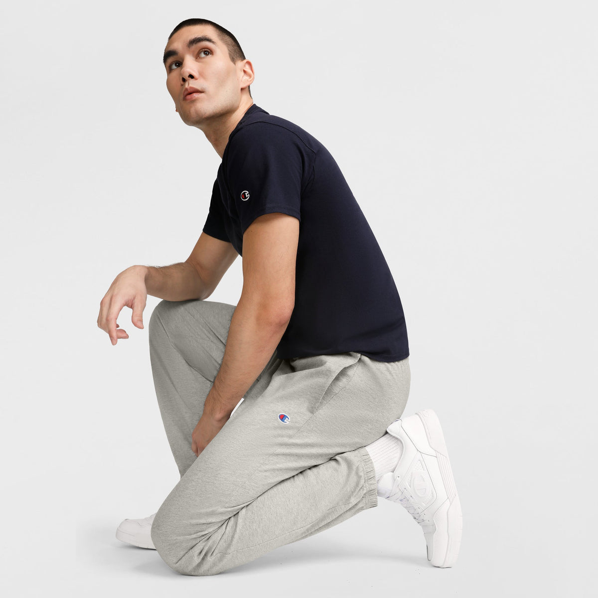 Champion Lightweight Lounge Pants, Cinched Hem, C Logo in New Manhattan Mist Heather