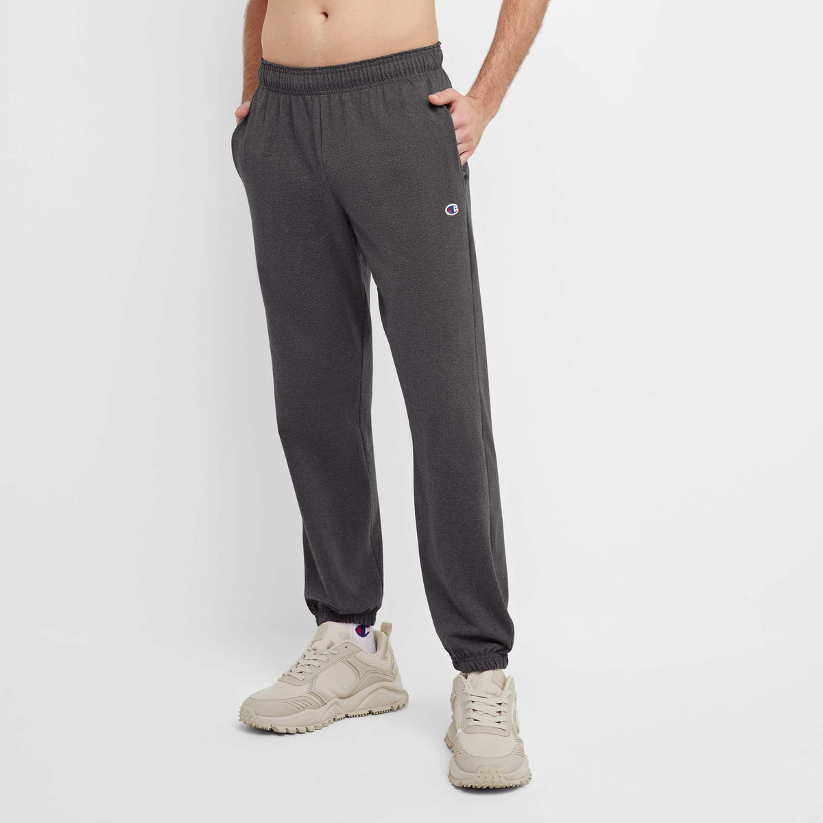 Champion Lightweight Lounge Pants, Cinched Hem, C Logo in Granite Heather