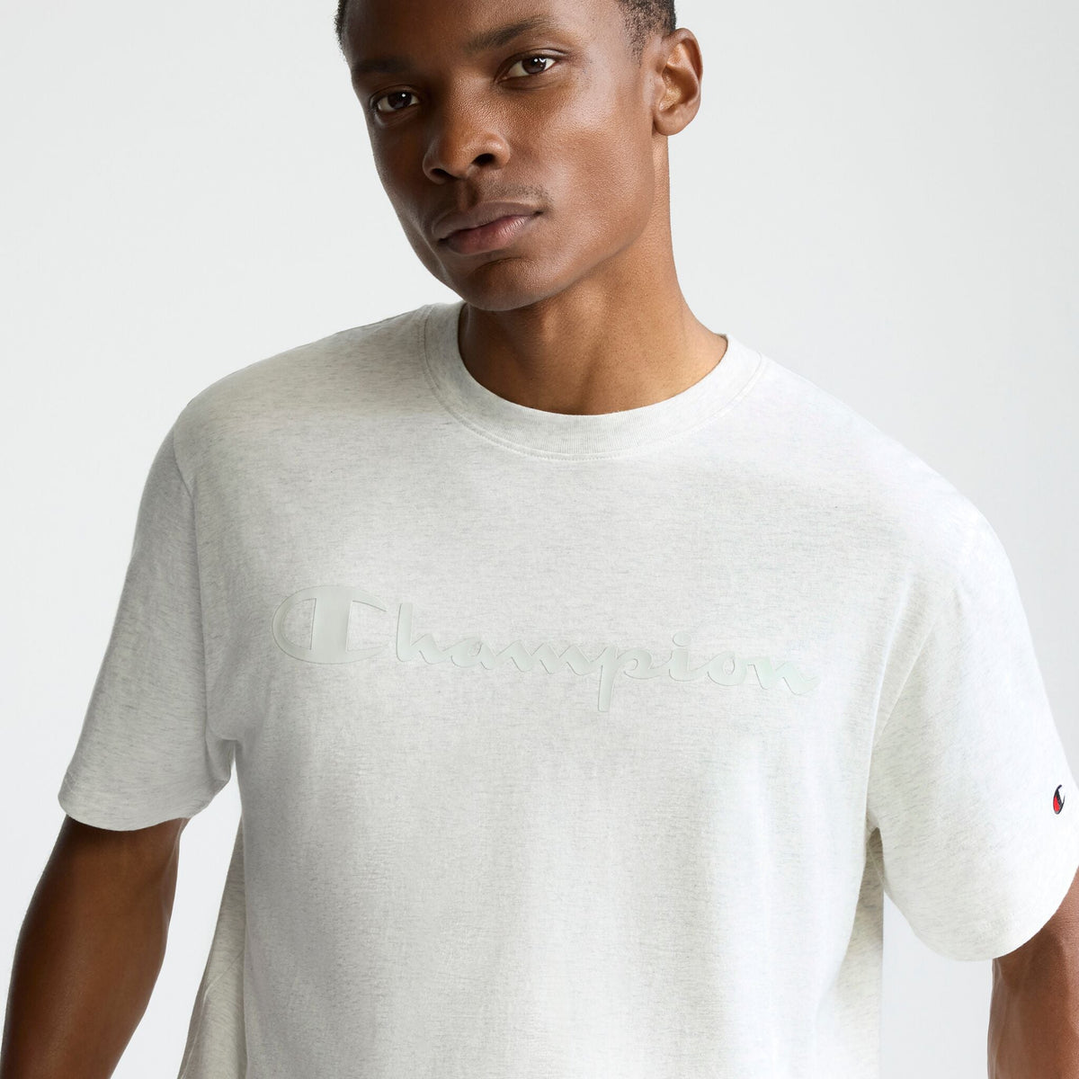 Champion Classic Graphic T-Shirt, Tonal Script Logo in Platinum Silver Heather