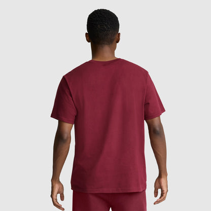 A man stands facing away from the camera, wearing a maroon Champion Classic Graphic T-Shirt with a tonal script logo and matching maroon shorts against a light gray background.