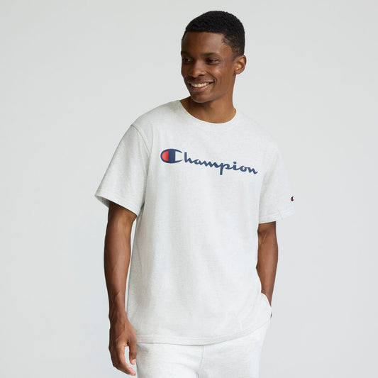 Champion Classic Graphic T-Shirt, Script Logo in Platinum Silver Heather