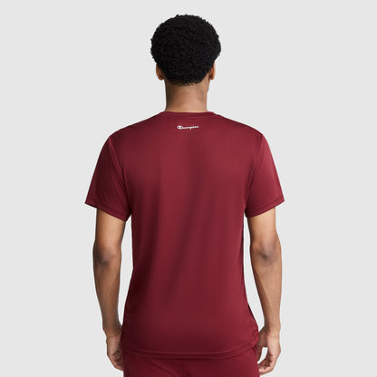A person stands facing away, wearing a short-sleeve maroon Champion Sport T-Shirt, Reflective C Logo, paired with matching shorts. The shirt features moisture-wicking technology and has a small white reflective Champion logo on the upper back. The background is plain gray.