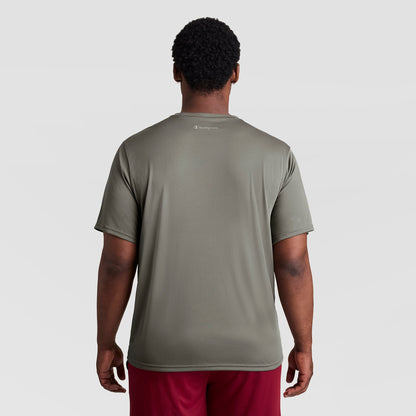 Back view of a man wearing an olive green Champion Sport T-Shirt, Reflective C Logo - Big & Tall, a moisture-wicking short-sleeved athletic shirt with a small reflective logo centered at the neckline.