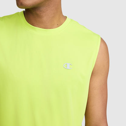 A person wearing a Champion Sport Muscle Tank, Reflective C Logo, in sleeveless neon yellow with a small reflective Champion "C" logo on the chest, photographed from the shoulders up against a plain light background. This moisture-wicking muscle tank keeps you cool and comfortable during any activity.