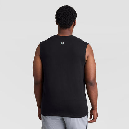 Back view of a person wearing a black Muscle Tank, C Logo - Big & Tall with a small logo at the center of the upper back.
