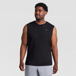 A man wearing a black Muscle Tank, C Logo - Big & Tall with a small logo on the chest and light gray shorts.