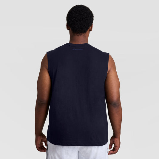 Back view of a person wearing a dark navy cotton Champion Muscle Tank, C Logo - Big & Tall with a small logo at the center of the neckline.