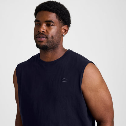 A man wearing a black Muscle Tank, C Logo - Big & Tall sleeveless muscle tee with a small logo on the chest.