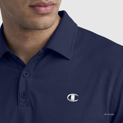 A man wearing the Champion Sport Polo, C Logo, in navy blue is shown from the shoulders up against a plain light background.