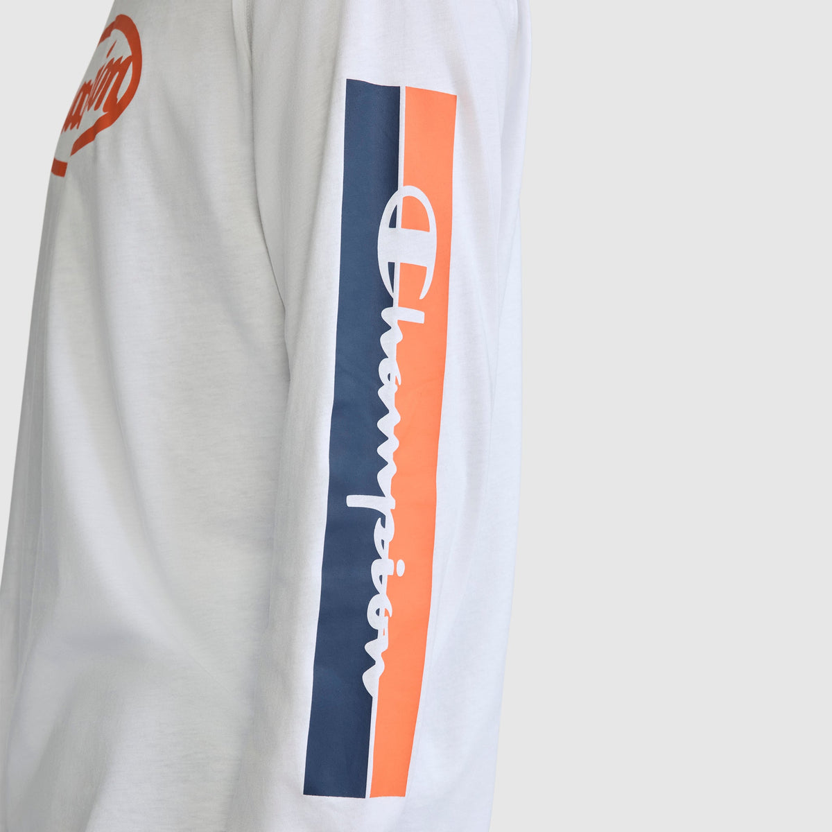 A close-up of the Champion Medallion Long Sleeve Graphic T-Shirt, showcasing a white long-sleeve design with a striking blue and orange vertical stripe down the sleeve and the Champion logo in white text.