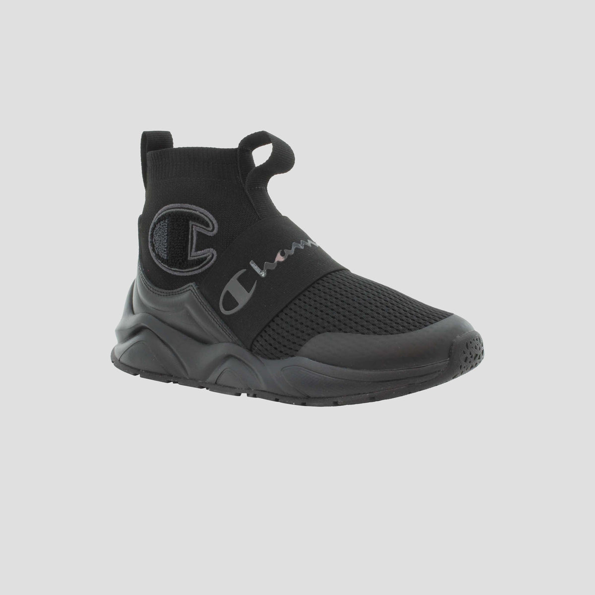 The Champion Kids' Rally Pro is a black athletic sneaker with a high sock-like ankle, mesh upper, thick sole, large C logo on the side, and Champion branding on the strap for comfort and style.