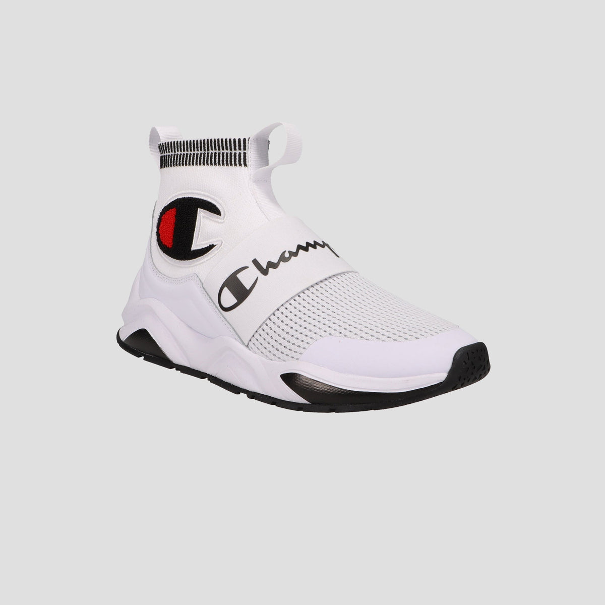 The Champion Men's Rally Pro is a white athletic high-top with a sock-style ankle, black sole, large black “Champion” logo on top, and a red, black, and white Champion C logo on the ankle.