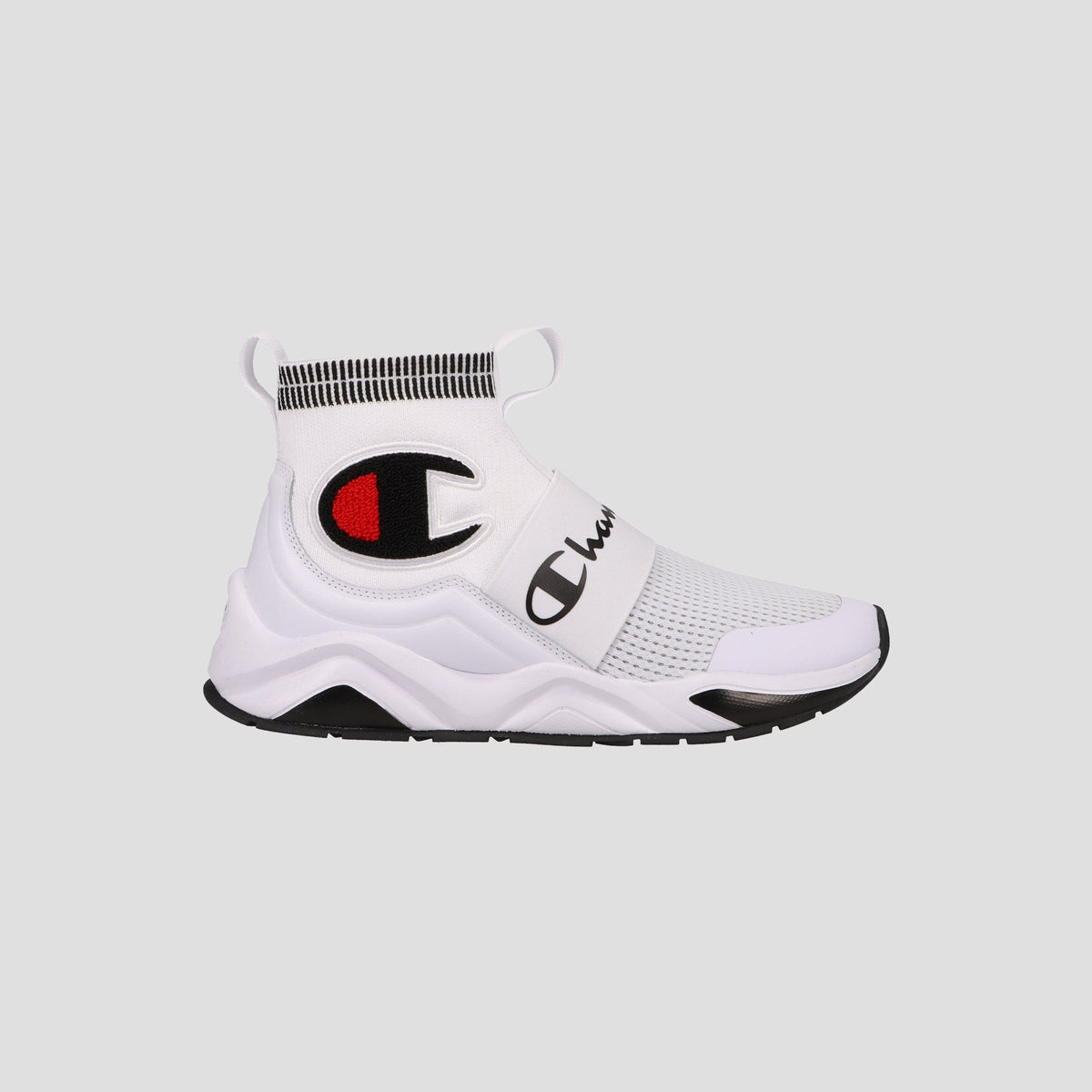 Side view of the Champion Men's Rally Pro sneaker, a white high-top with black sole, large black and red C logo, Champion branding on the strap and ankle collar, sock-style ankle, shown on a plain light gray background.