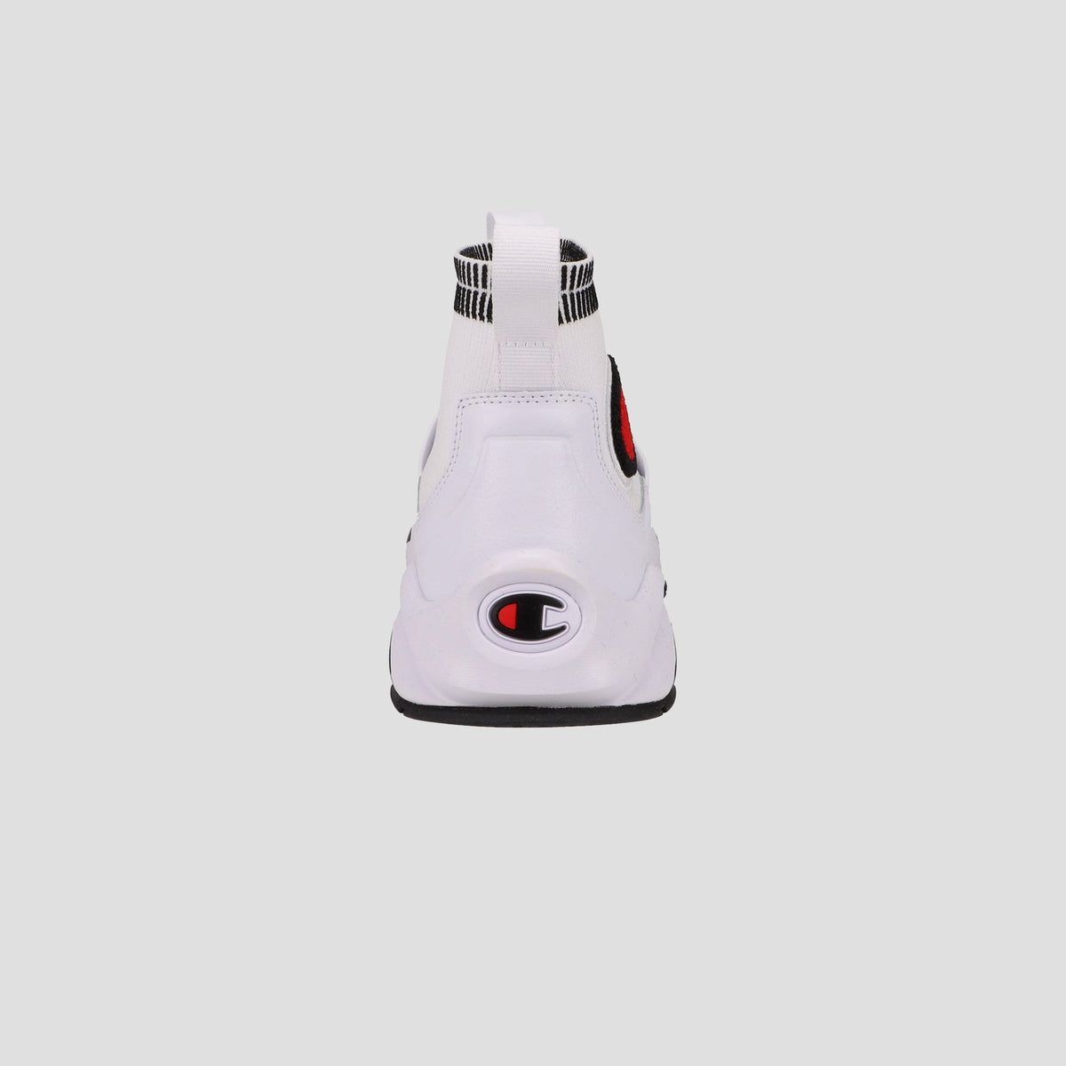 A back view of the Champion Men's Rally Pro sneaker in white shows a black and red logo on the heel, pull tab on the collar, sock-style ankle, and a light gray background. Perfect for those seeking men's high-top shoes.