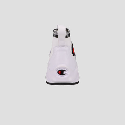 A back view of the Champion Men's Rally Pro sneaker in white shows a black and red logo on the heel, pull tab on the collar, sock-style ankle, and a light gray background. Perfect for those seeking men's high-top shoes.