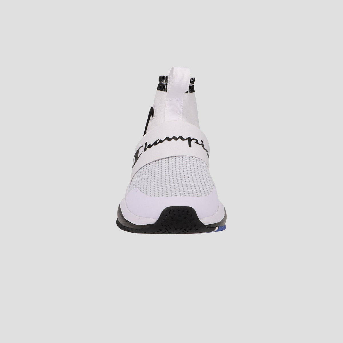 The Champion Men's Rally Pro is a white slip-on athletic sneaker with a mesh upper, sock-style ankle, thick black Champion strap, and a black and white sole.