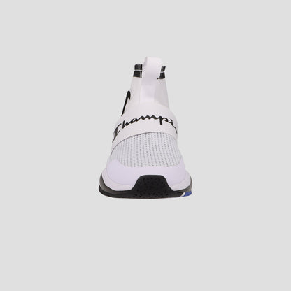 The Champion Men's Rally Pro is a white slip-on athletic sneaker with a mesh upper, sock-style ankle, thick black Champion strap, and a black and white sole.