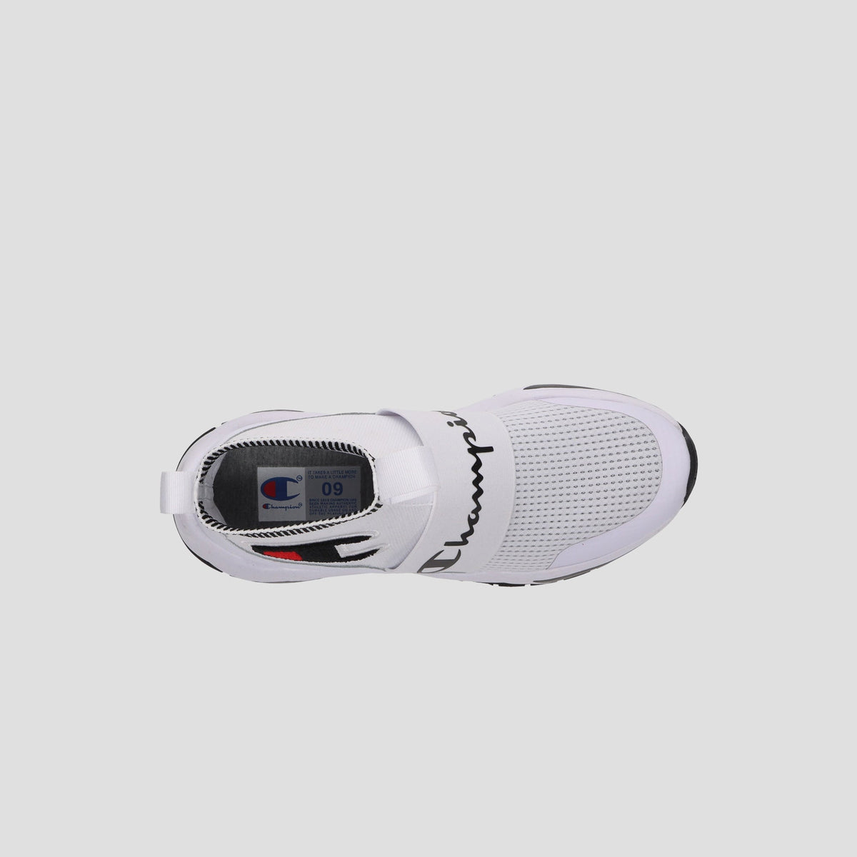 Top view of the Champion Men's Rally Pro sneaker, a white athletic shoe with a sock-style ankle, mesh toe, elastic midfoot strap, visible size label inside, black accents, and bold branding.