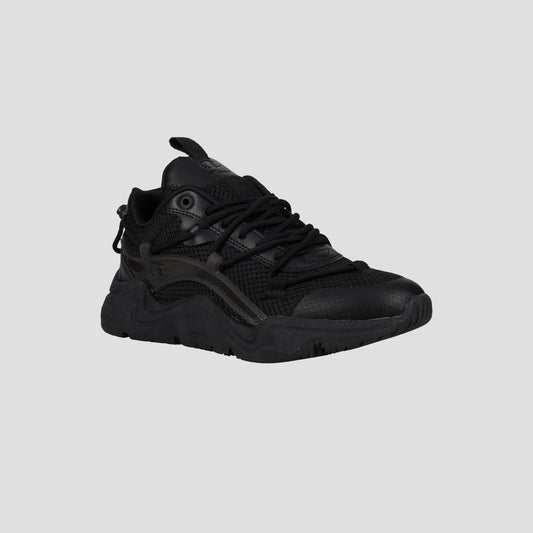 The Champion Men's Hyper C Pilot W lifestyle sneaker features a black mesh upper, synthetic overlays, black laces, and a chunky sole, shown on a light gray background.