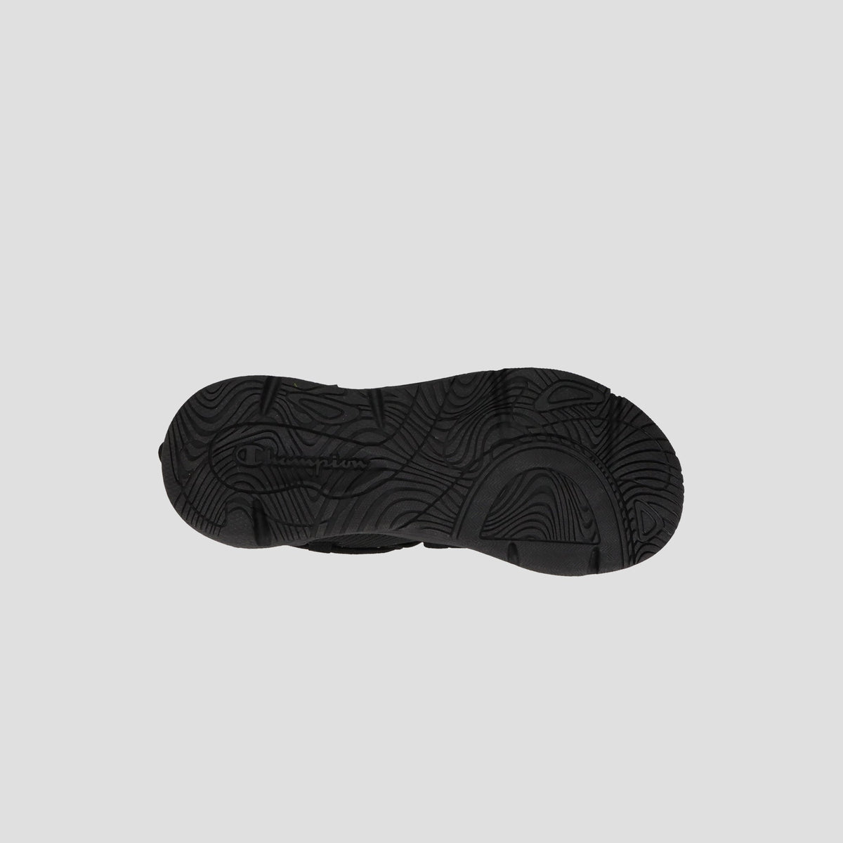Men's Hyper C Pilot W by Champion: black lifestyle sneaker with wavy, textured sole for traction, durable mesh upper, and Champion-branded toggle. Photographed against a plain light gray background.