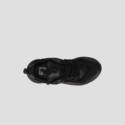 Top view of the Champion Men's Hyper C Pilot W sneaker in black, featuring a lace-up design, durable mesh upper, textured toe, and visible logo on the insole against a light gray background.
