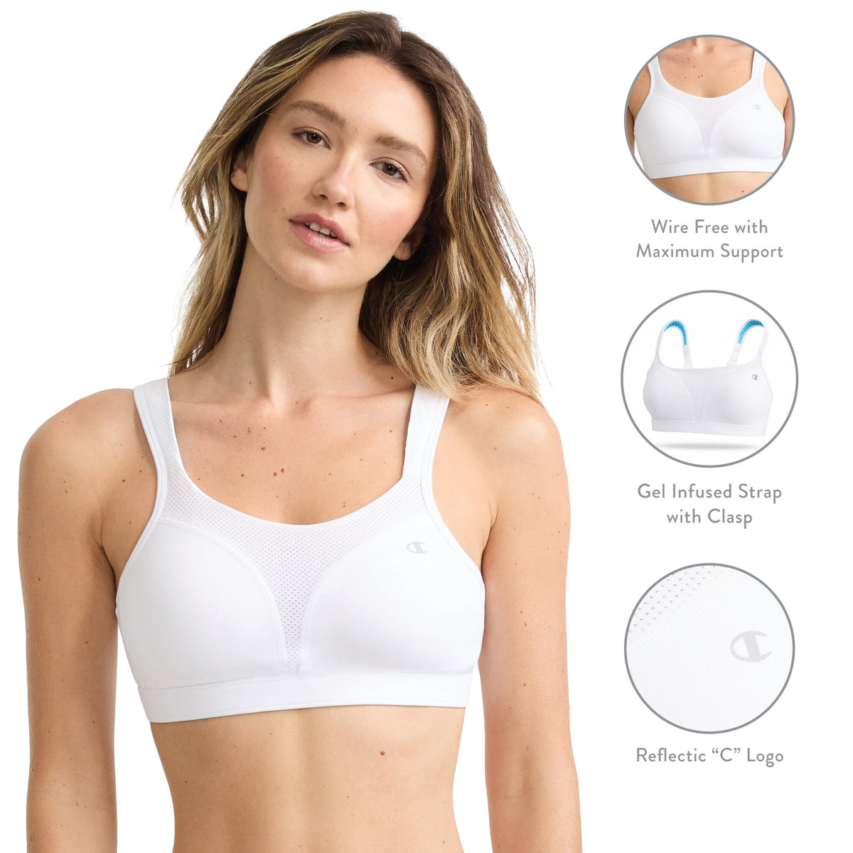 A woman models the Champion Spot Comfort High-Impact Sports Bra, C Logo in white. Three close-up circles highlight key features: a wire-free design for maximum support, gel-infused adjustable straps with an easy clasp, and a reflective Champion “C” logo. The bra is crafted from moisture-wicking fabric to help keep you dry during intense workouts. Each feature is clearly described on a crisp white background.