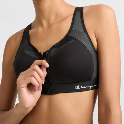 Champion Motion Control Zip Sports Bra, Wirefree, Script Logo in Black