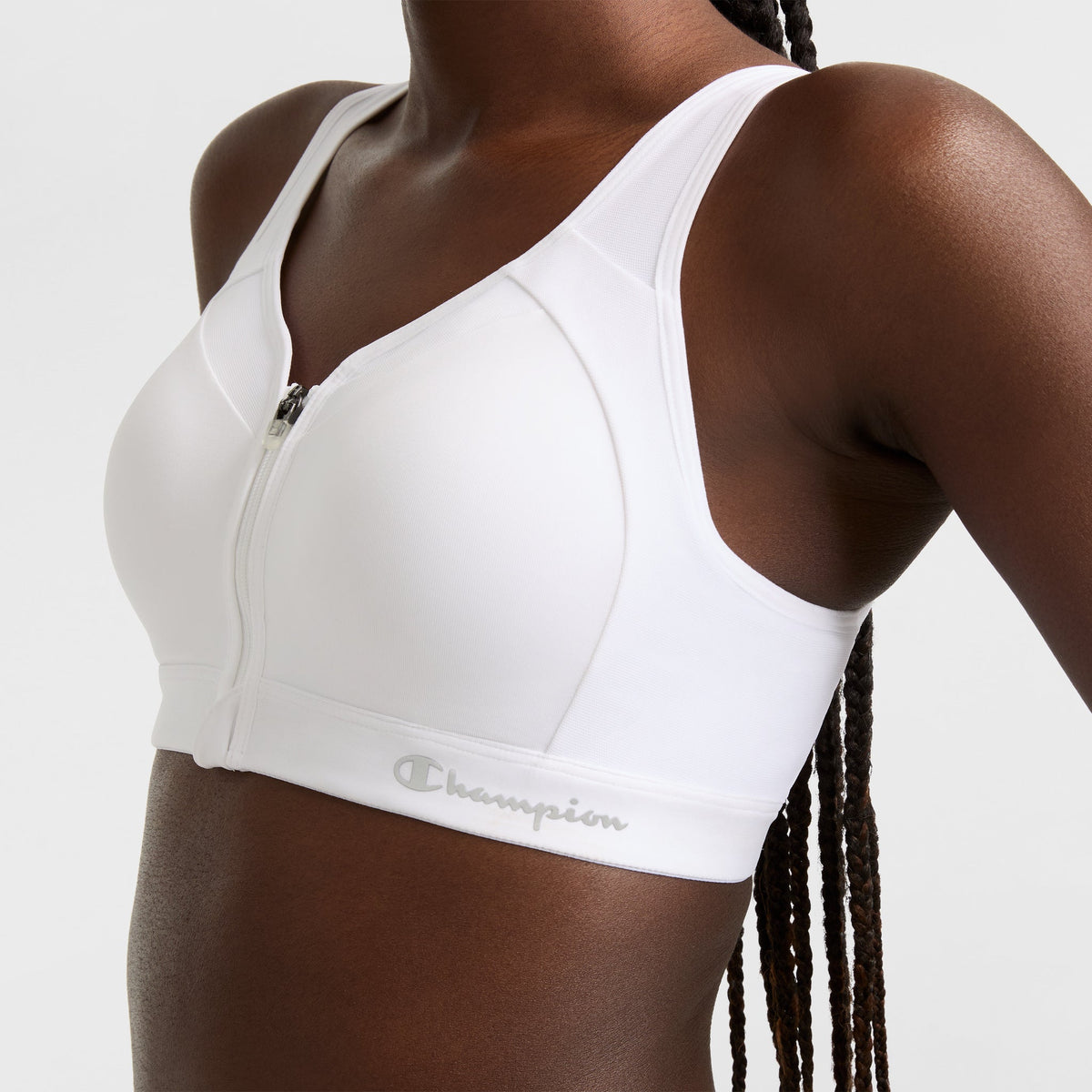 Champion Motion Control Zip Sports Bra, Wirefree, Script Logo in White