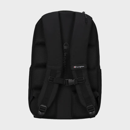 The Champion Summit Backpack is displayed from the back against a plain light gray background, highlighting its contoured strap system with padded, adjustable shoulder straps, a chest buckle, and mesh padding. One strap features a small Champion logo tag. Designed for functionality, the Summit Backpack also includes a padded laptop sleeve to keep your device secure.