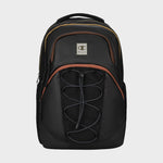A Champion Summit Backpack in black with brown accents is displayed against a plain white background. The backpack features a front bungee cord detail, multiple zippered compartments, and a top handle. Designed for comfort and convenience, it also offers a contoured strap system and a padded laptop sleeve to keep your essentials secure while on the move.