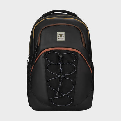 A Champion Summit Backpack in black with brown accents is displayed against a plain white background. The backpack features a front bungee cord detail, multiple zippered compartments, and a top handle. Designed for comfort and convenience, it also offers a contoured strap system and a padded laptop sleeve to keep your essentials secure while on the move.
