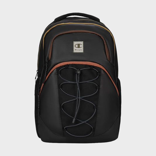 A Champion Summit Backpack in black with brown accents is displayed against a plain white background. The backpack features a front bungee cord detail, multiple zippered compartments, and a top handle. Designed for comfort and convenience, it also offers a contoured strap system and a padded laptop sleeve to keep your essentials secure while on the move.