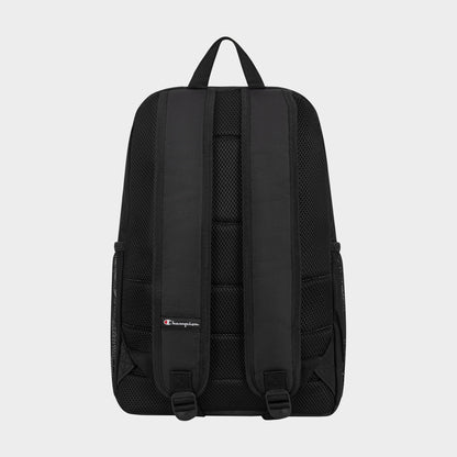 The Champion Luna Backpack is a black minimalist everyday backpack with two padded shoulder straps, a small Champion logo tag, breathable mesh back panel, and an interior laptop sleeve.