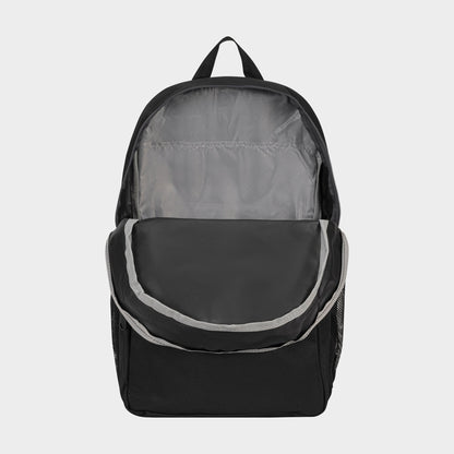 The Champion Luna Backpack, shown with its main compartment open to reveal a spacious interior and laptop sleeve, features side mesh pockets and a top handle. This everyday minimalist backpack is set against a plain light gray background.