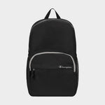 The Champion Luna Backpack in black features a front zip pocket, side mesh pockets, a top handle, white embroidered Champion logo on the front, a laptop sleeve, and is set against a plain light gray background.