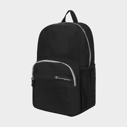 The Champion Luna Backpack in black features a front zip pocket, side mesh pocket, top handle, gray zipper accents, and a laptop sleeve. It's shown against a plain light background.