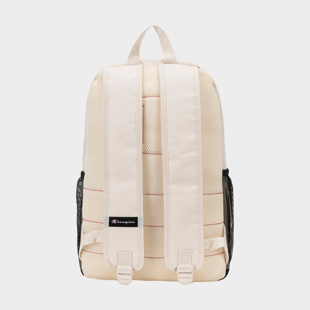The Luna Backpack by Champion is displayed from the back in beige, highlighting its minimalist design with padded shoulder straps, a top handle, black mesh side pockets, and a small logo patch near the bottom—perfect for everyday carry.
