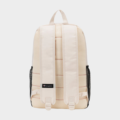 The Luna Backpack by Champion is displayed from the back in beige, highlighting its minimalist design with padded shoulder straps, a top handle, black mesh side pockets, and a small logo patch near the bottom—perfect for everyday carry.