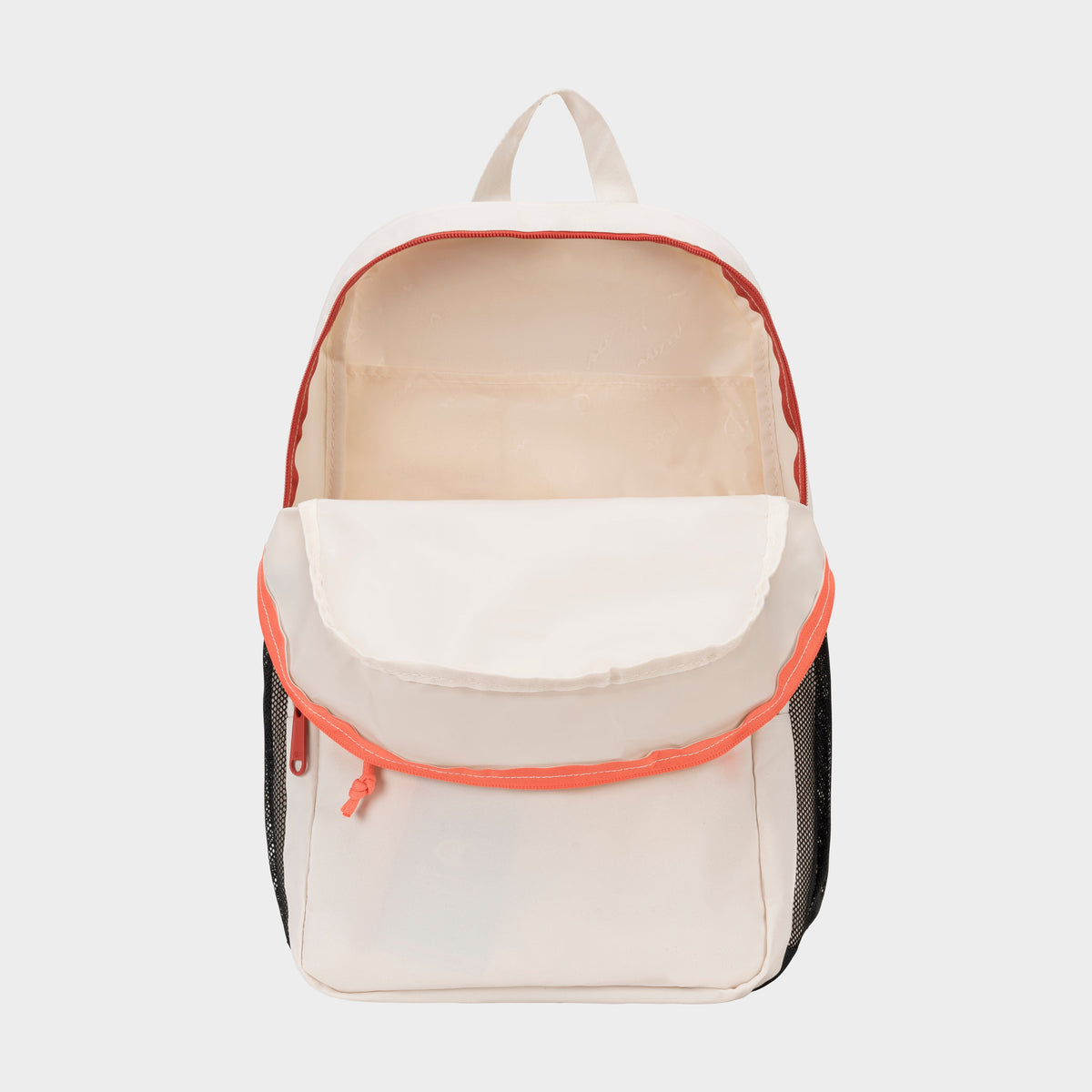 Introducing the Luna Backpack by Champion—a cream-colored, minimalist bag featuring an open main compartment, a handy laptop sleeve, and a front pocket accented with orange piping. Black mesh side pockets add extra storage, making it perfect for everyday carry. Shown here against a plain white background.