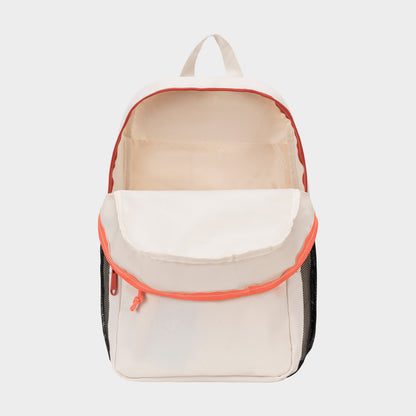 Introducing the Luna Backpack by Champion—a cream-colored, minimalist bag featuring an open main compartment, a handy laptop sleeve, and a front pocket accented with orange piping. Black mesh side pockets add extra storage, making it perfect for everyday carry. Shown here against a plain white background.