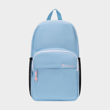 The Champion Luna Backpack is a light blue everyday backpack featuring a front zip pocket, pink zipper pulls, black side mesh pockets, and a top handle. Designed for convenience, it includes an interior laptop sleeve and showcases the word "Champion" embroidered in white and pink on the front pocket. This minimalist backpack blends style with functionality for daily use.