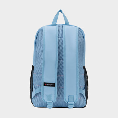 The Champion Luna Backpack is displayed in light blue with a minimalist design, featuring two padded adjustable shoulder straps, a top handle, mesh side pockets, and a small Champion logo near the bottom of the right strap. Ideal for everyday use, this backpack includes a convenient laptop sleeve to help keep your belongings organized.