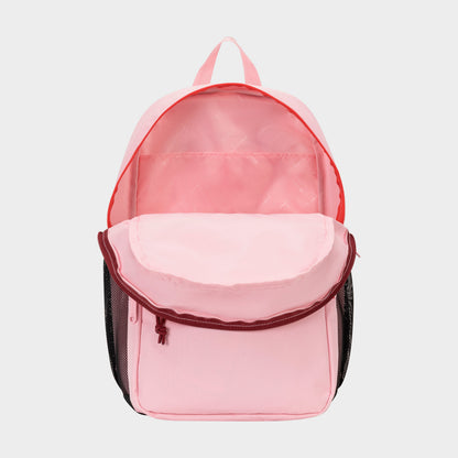 The Champion Luna Backpack is displayed open against a plain white background, showcasing its empty main compartment and dedicated laptop sleeve. This pink minimalist bag features a maroon zipper, black mesh side pockets, and a top handle—making it perfect for your everyday carry.