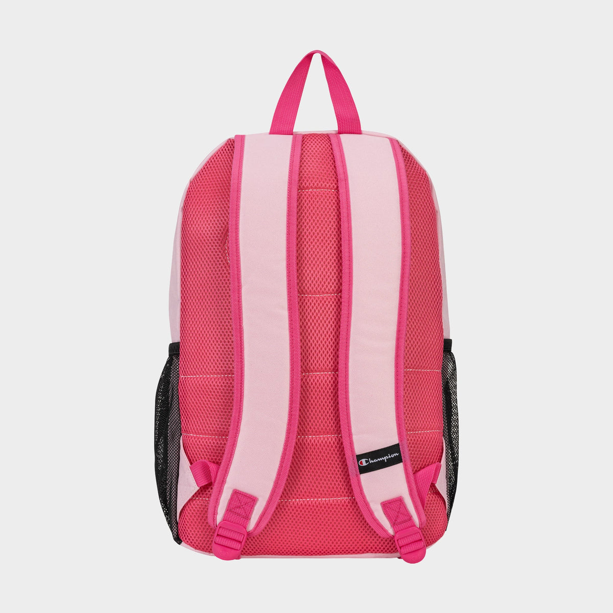 The Champion Kids' Merit Backpack in pink and light pink features padded shoulder straps, a top handle, mesh side pockets, and a small Champion logo—ideal as a kids' sports backpack.