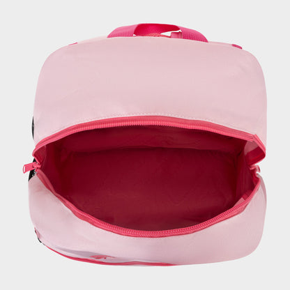 The Champion Kids' Merit Backpack is shown from above, featuring a pink design with a spacious main compartment and pink lining, displayed empty against a light background.