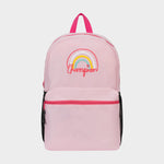 The Champion Kids' Merit Backpack is a light pink polyester bag with a front pocket, black mesh side pockets, pink handle and zipper pulls, and a rainbow graphic above "champion" on the front—ideal for young athletes.