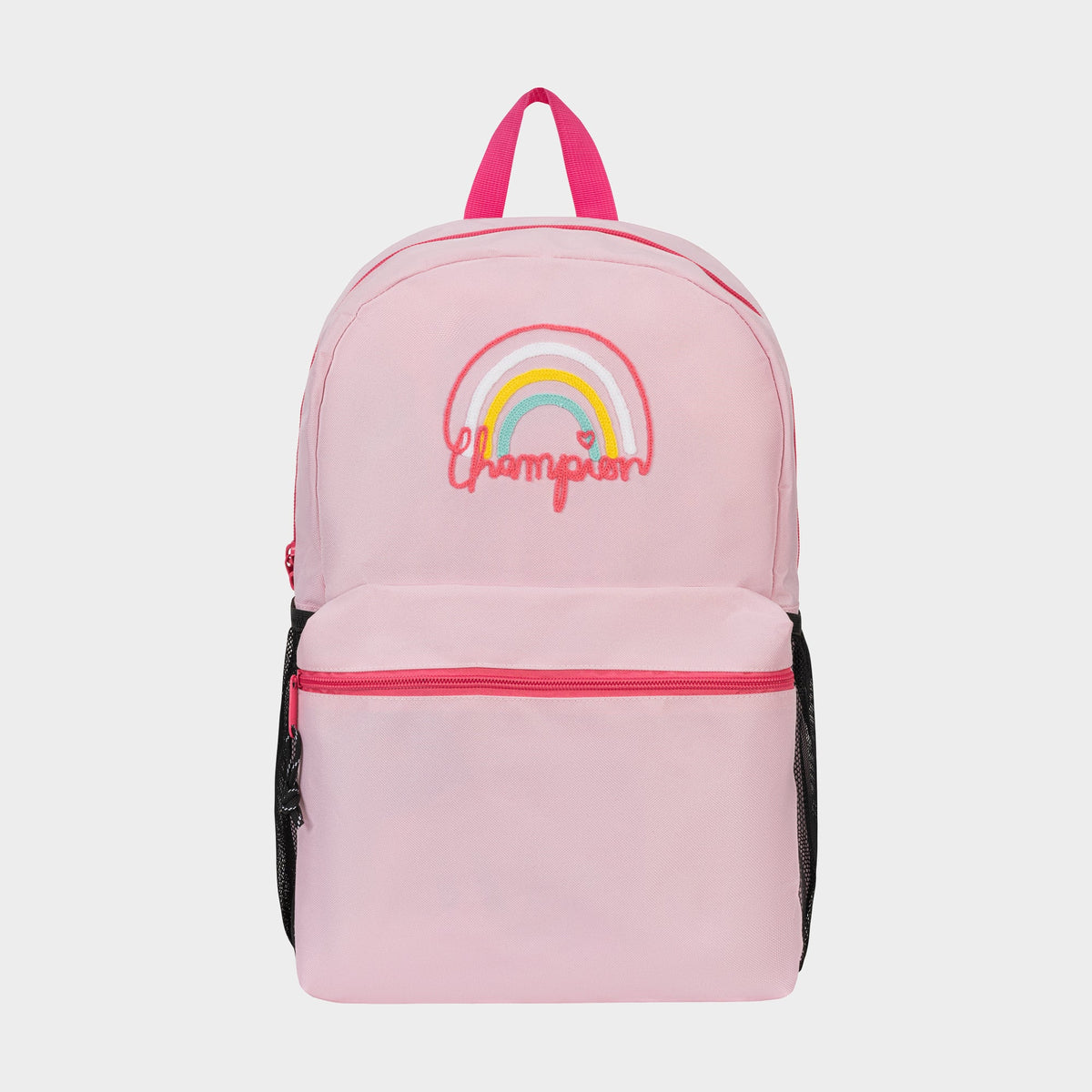 The Champion Kids' Merit Backpack is a light pink polyester bag with a front pocket, black mesh side pockets, pink handle and zipper pulls, and a rainbow graphic above "champion" on the front—ideal for young athletes.