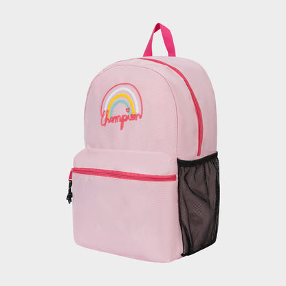 The Champion Kids' Merit Backpack is light pink polyester with a front zip pocket, black side mesh pocket, and pink handle. It features a rainbow design and embroidered "Champion" in pink—perfect for kids' sports.